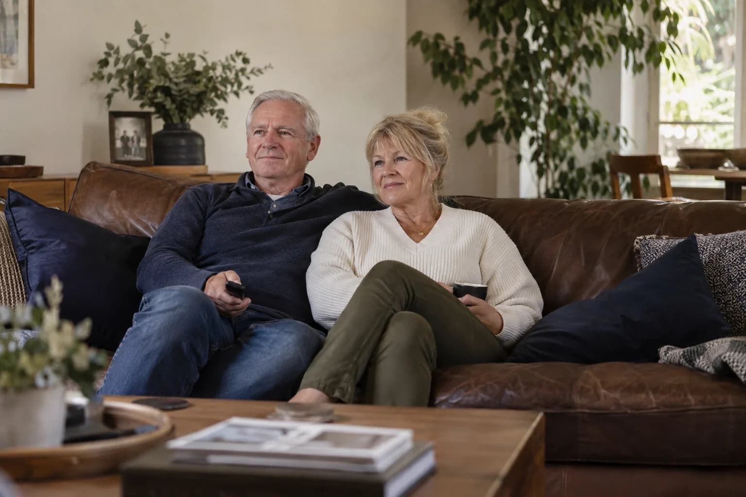 Couple watching television on a brown leather sofa with a remote and navy cushions